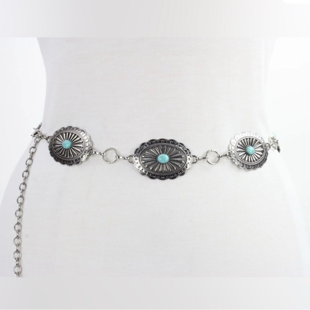 American Bison Western Chain Belt,oval silver tone conchos,faux turquoise stones - Picture 10 of 11